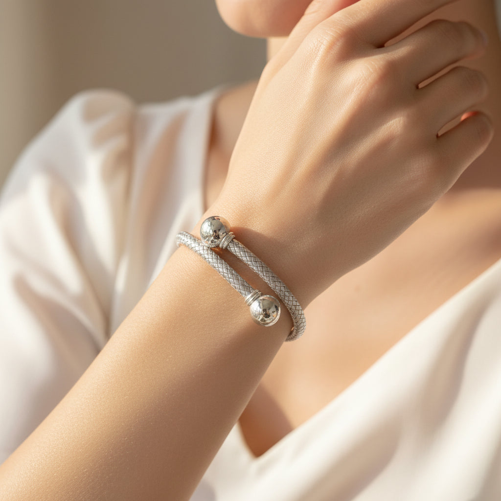 Vintage Woven Sterling Silver Bypass Bangle w/ Hammerhead Ball Ends