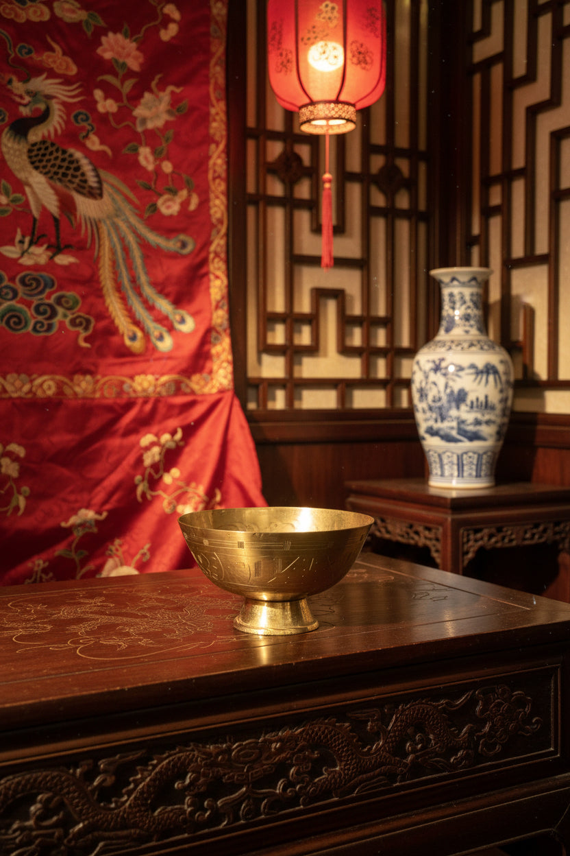 Vintage Chinese Hand-Engraved Footed Brass Decorative Bowl