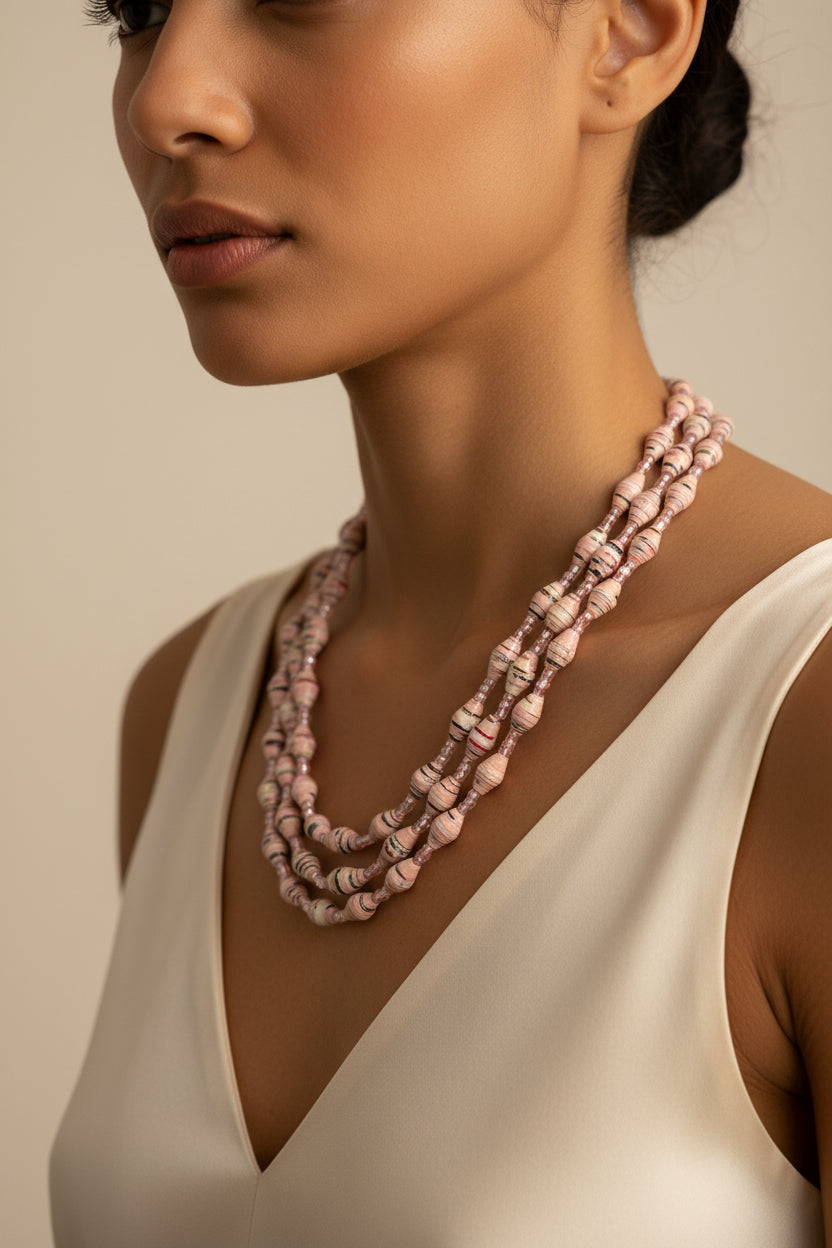 Vintage Multi-Strand Rolled Paper Bead Necklace in Pastel Tones