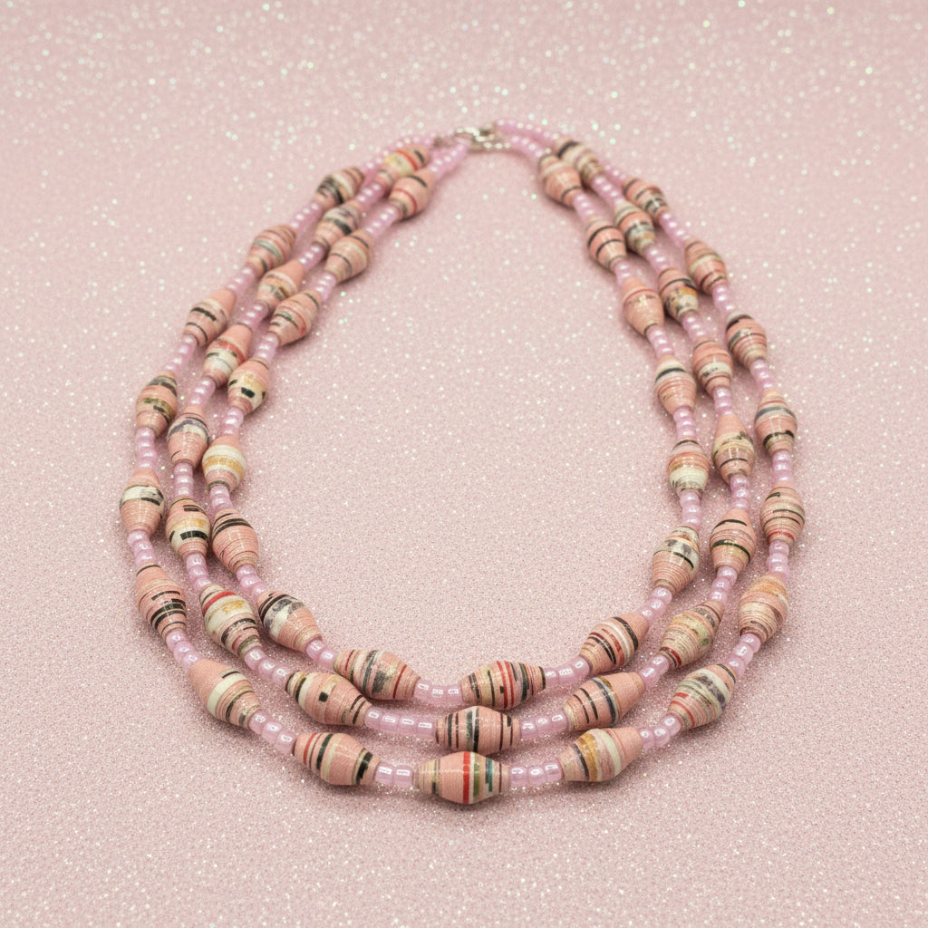 Vintage Multi-Strand Rolled Paper Bead Necklace in Pastel Tones