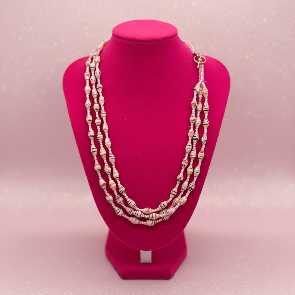 Vintage Multi-Strand Rolled Paper Bead Necklace in Pastel Tones