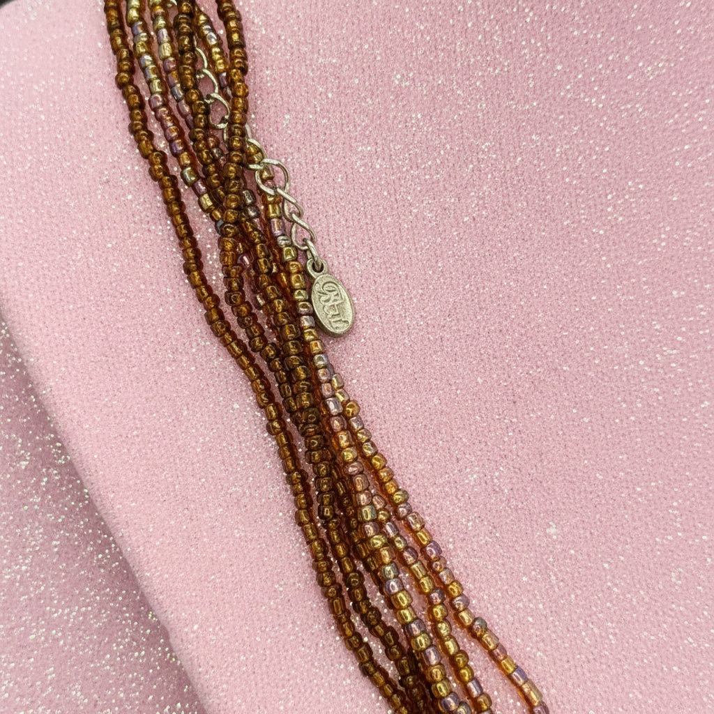 Vintage Multi-Strand Earth Tone Seed Bead Necklace w/ Silver Tag