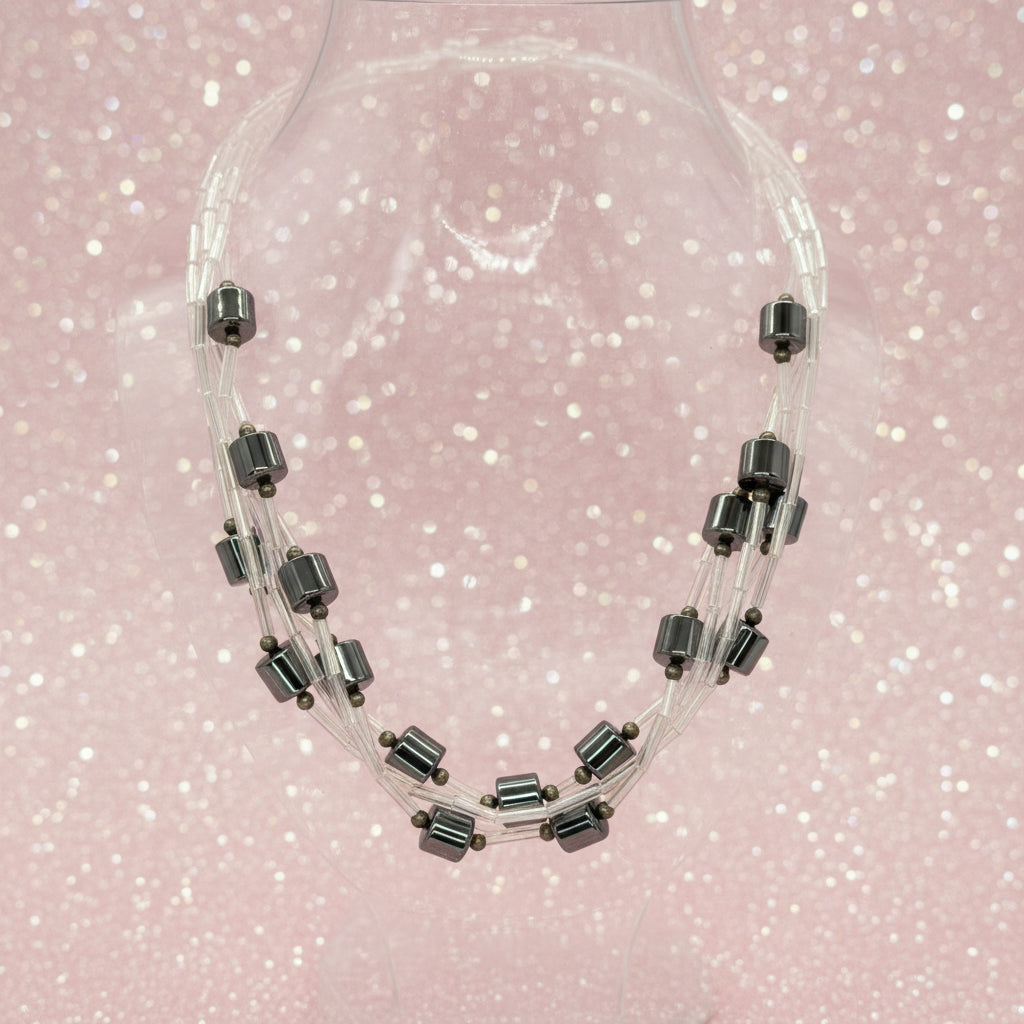 Vintage Multi-Strand Iridescent Glass & Hematite Beaded Necklace