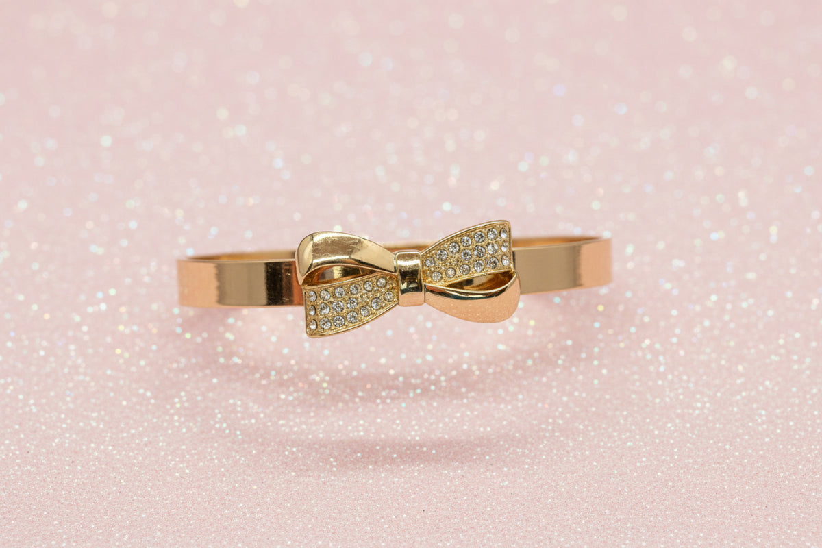 Vintage Rose Gold-Tone Metal w/ Crystals Bow Bangle Bracelet