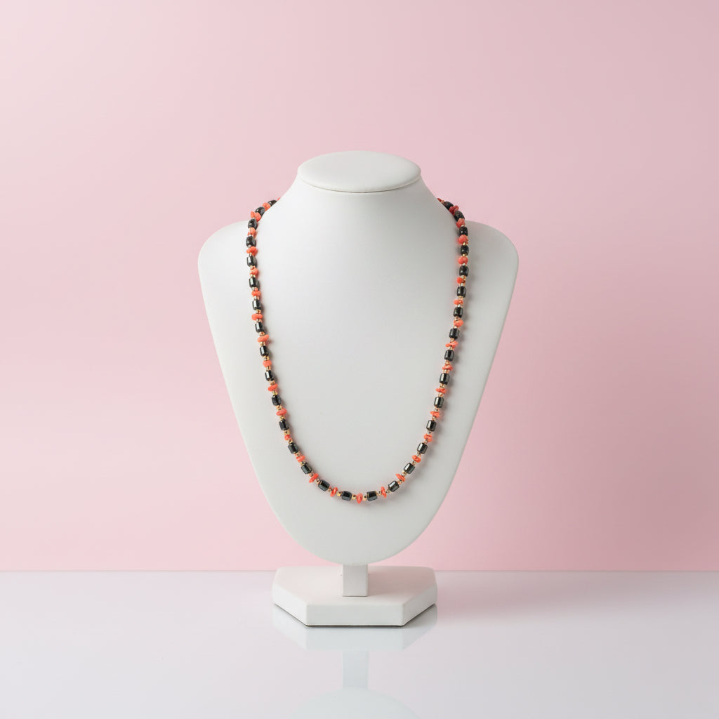 Vintage Hematite, Faux Coral, and Gold-Tone Beaded Necklace