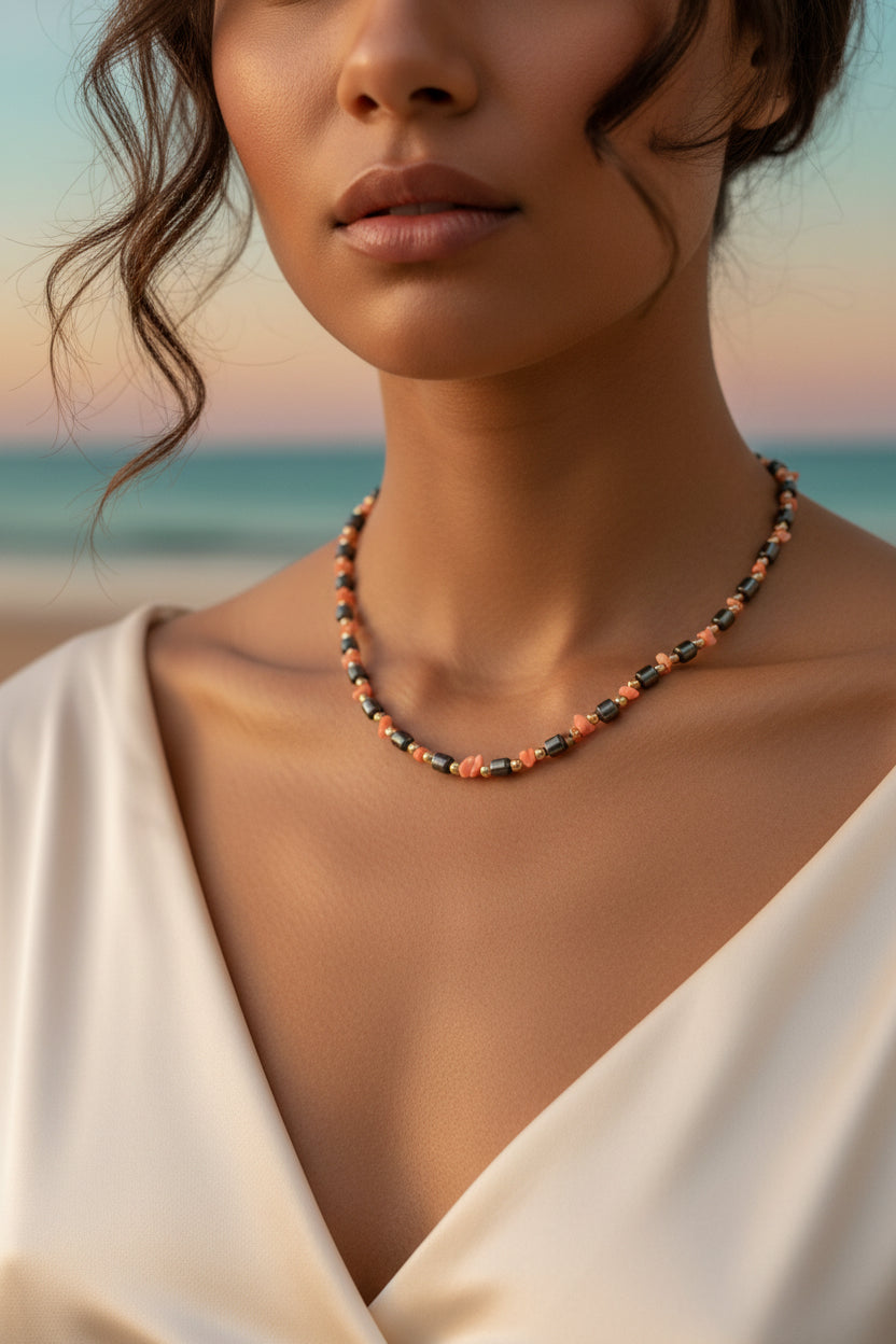 Vintage Hematite, Faux Coral, and Gold-Tone Beaded Necklace