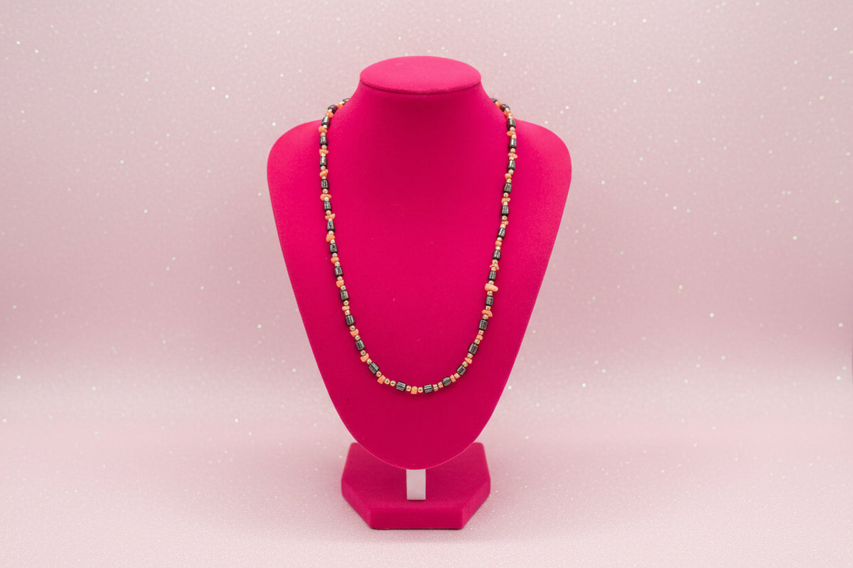 Vintage Hematite, Faux Coral, and Gold-Tone Beaded Necklace