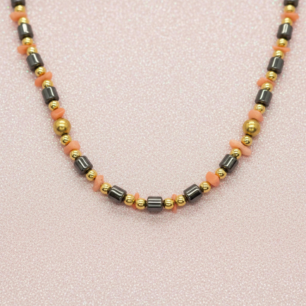 Vintage Hematite, Faux Coral, and Gold-Tone Beaded Necklace