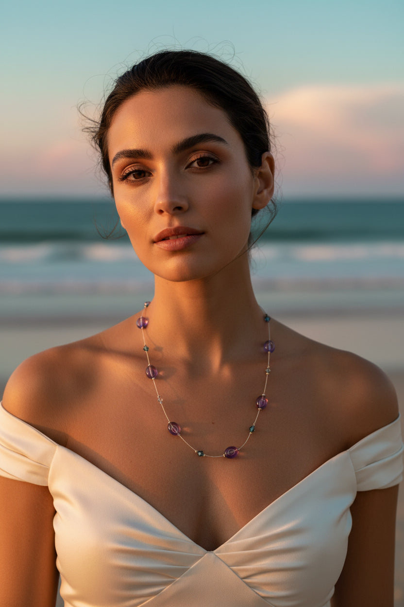 Vintage Purple Glass Illusion Bead Floating Wire Necklace