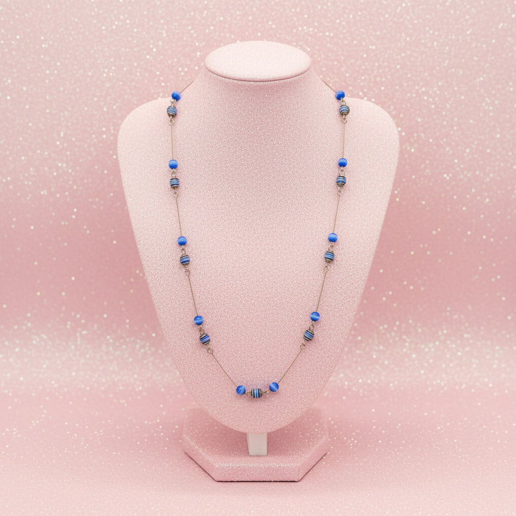Vintage Silver-Tone Station Necklace w/ Blue Glass Beads