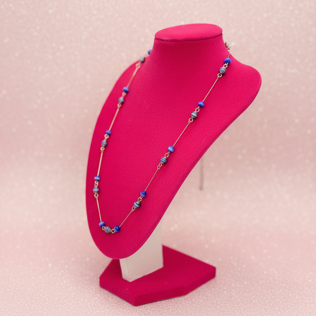 Vintage Silver-Tone Station Necklace w/ Blue Glass Beads