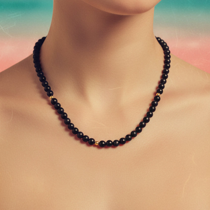 Vintage Black Onyx Bead Necklace w/ Gold-Tone Accent Beads