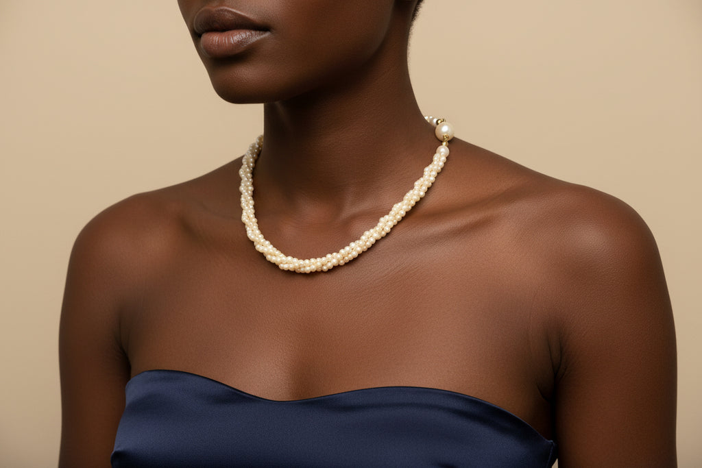 Vintage Triple-Strand Twisted Faux Pearl Necklace & Bracelet Set w/ Gold-Tone Clasp
