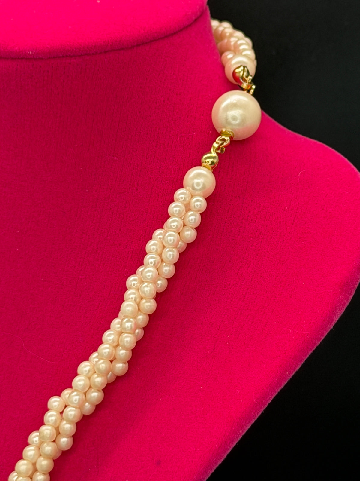 Vintage Triple-Strand Twisted Faux Pearl Necklace & Bracelet Set w/ Gold-Tone Clasp