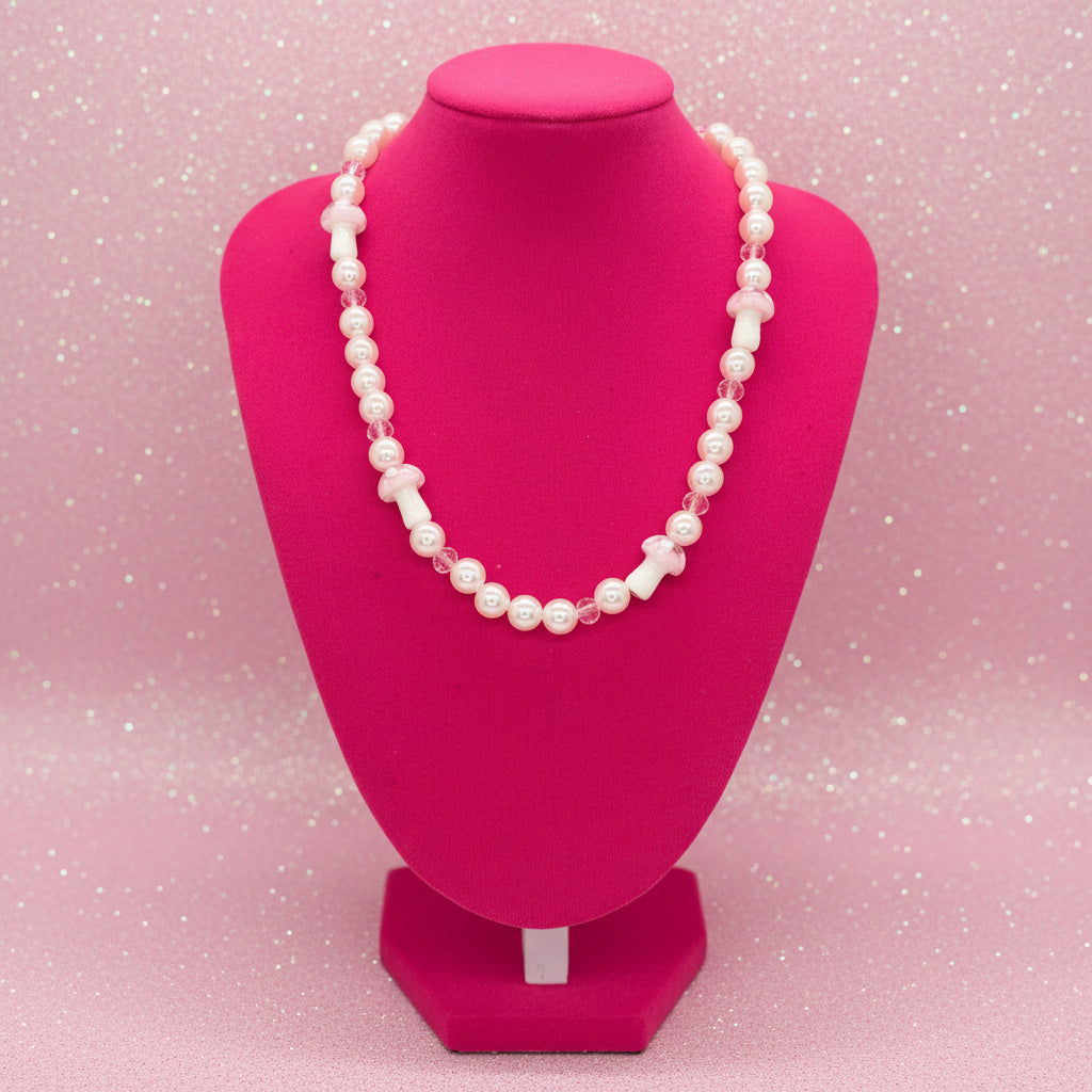 Artisan Pink Faux Pearl and Mushroom Bead Fashion Necklace