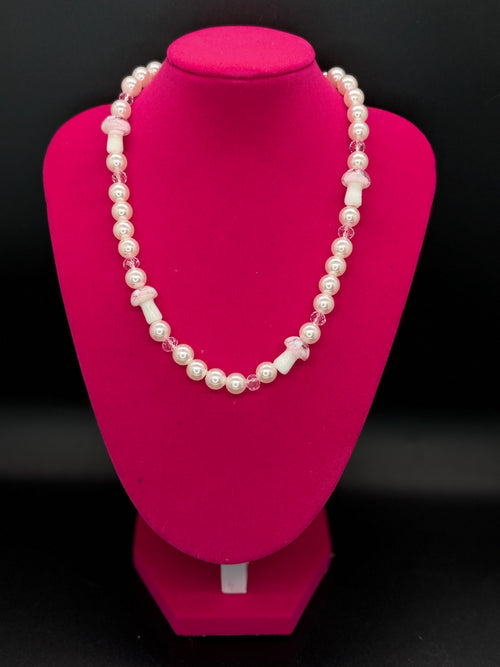 Artisan Pink Faux Pearl and Mushroom Bead Fashion Necklace