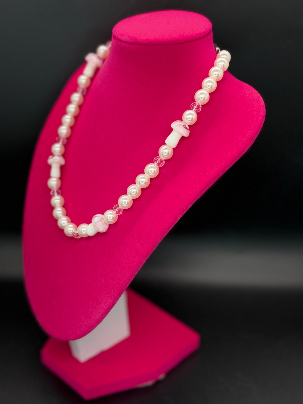 Artisan Pink Faux Pearl and Mushroom Bead Fashion Necklace