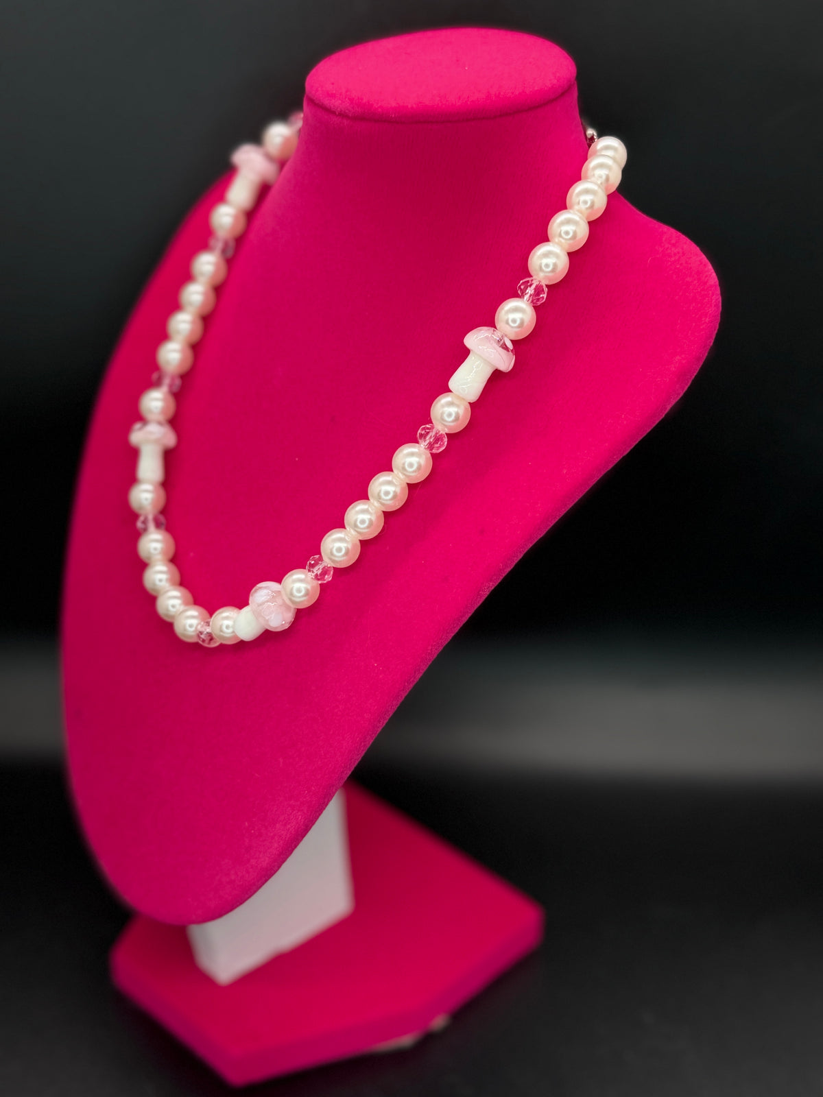 Artisan Pink Faux Pearl and Mushroom Bead Fashion Necklace