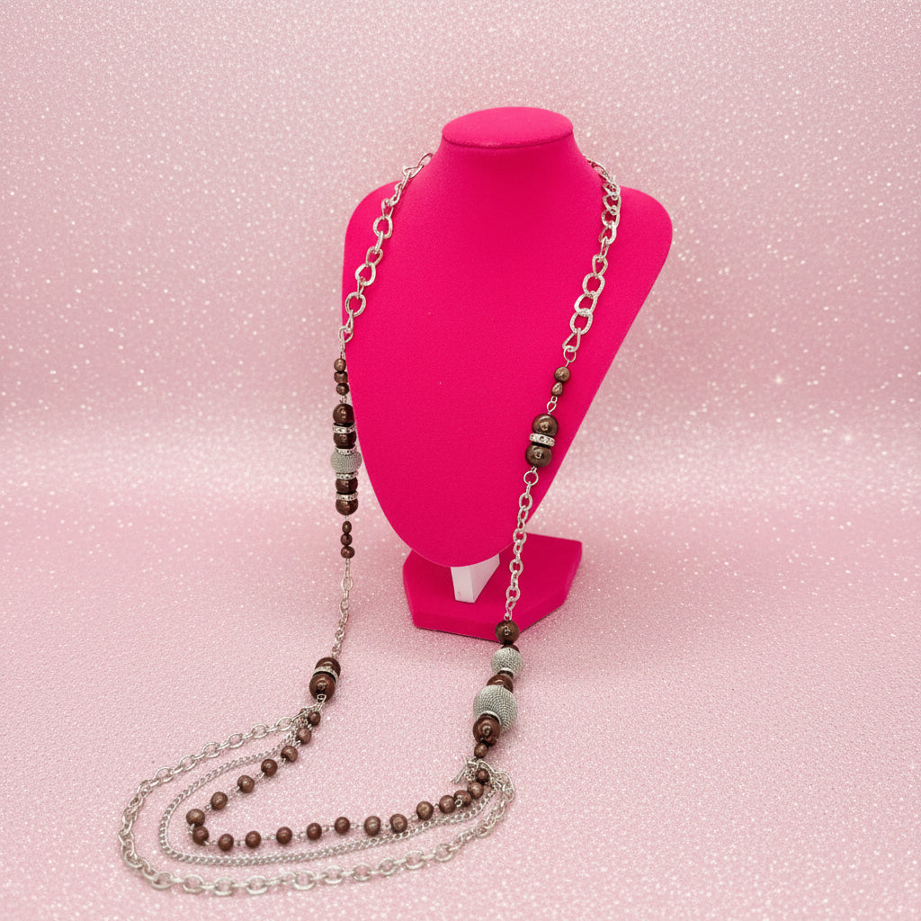 Modern Paparazzi Jewelry Brown Bead & Silver-Tone Chain Fashion Necklace