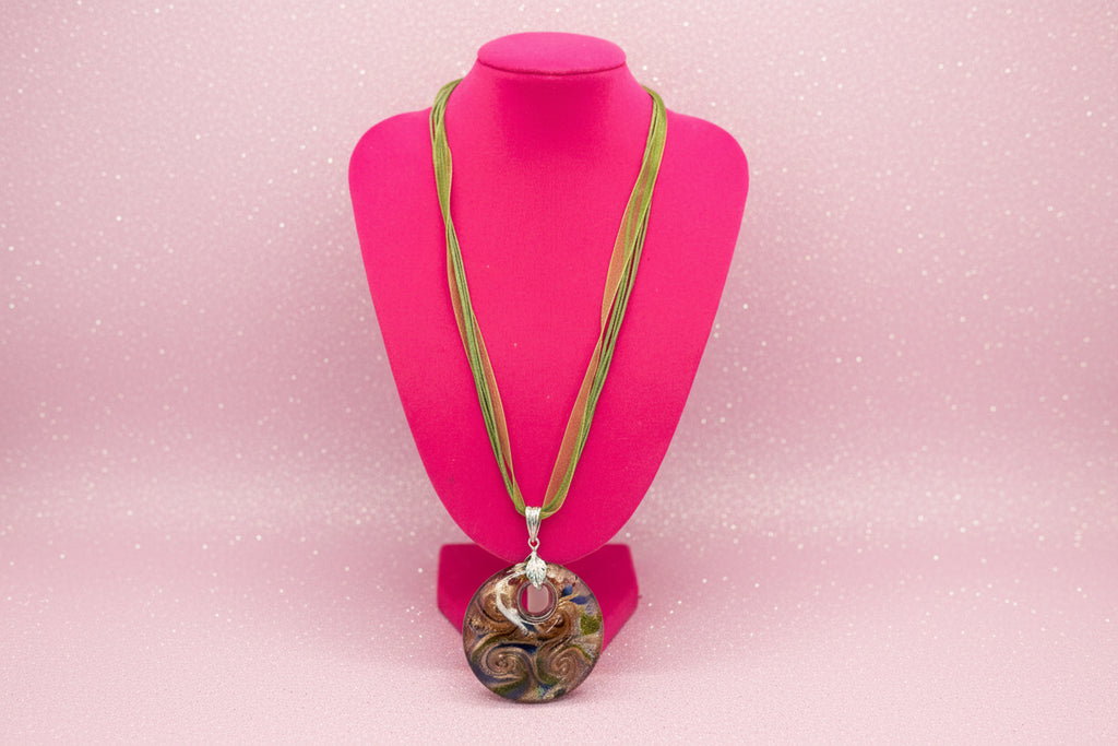 Artisan Lampwork Glass Donut Pendant Necklace on Multi-Strand Cord