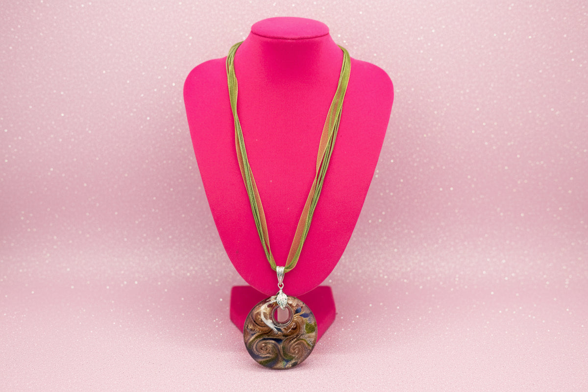 Artisan Lampwork Glass Donut Pendant Necklace on Multi-Strand Cord