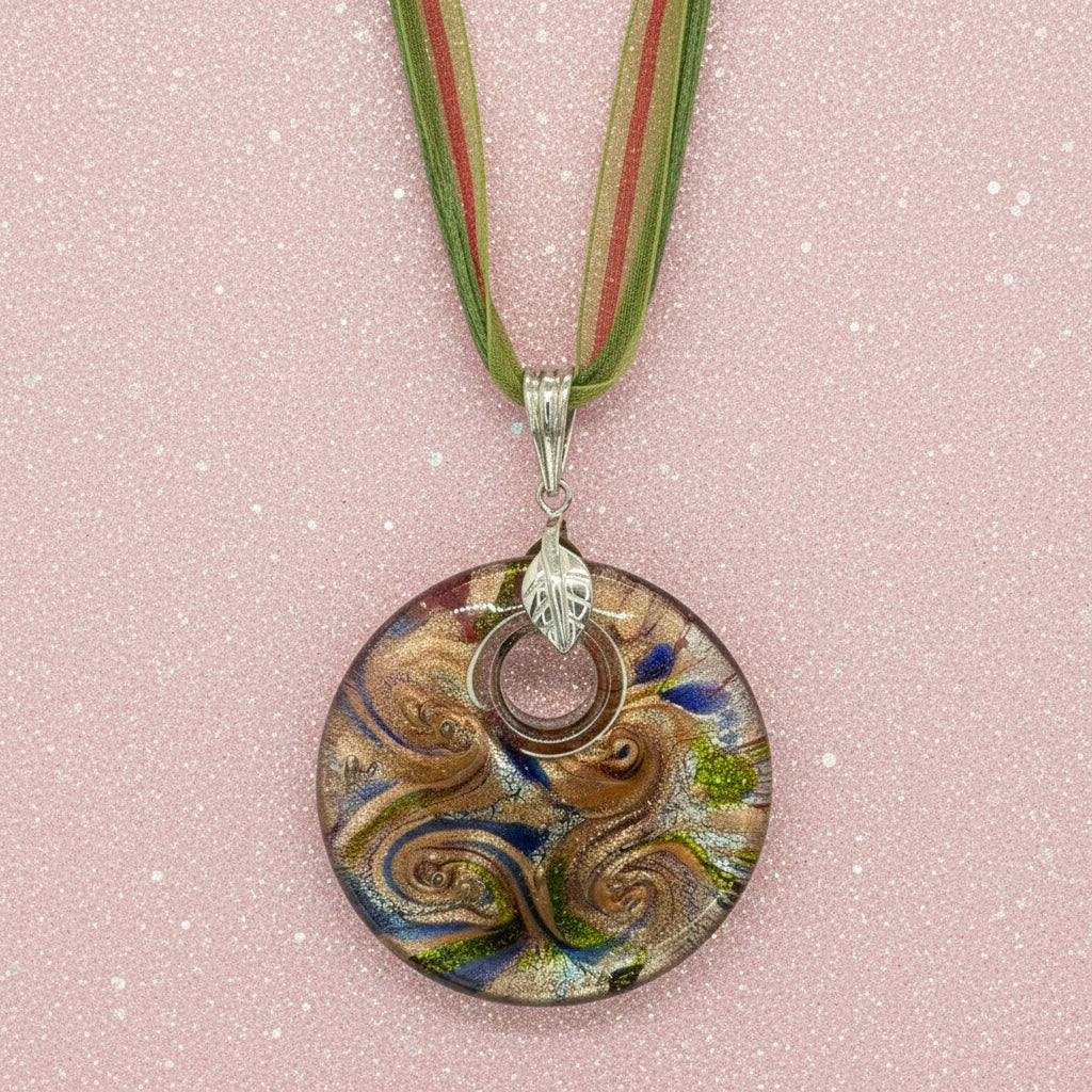 Artisan Lampwork Glass Donut Pendant Necklace on Multi-Strand Cord