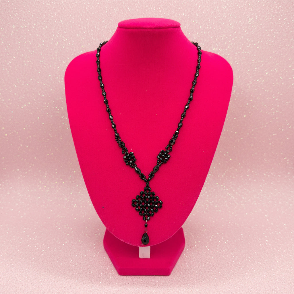 Vintage Art Deco Style Black Glass Beaded Y-Necklace w/ Pendant