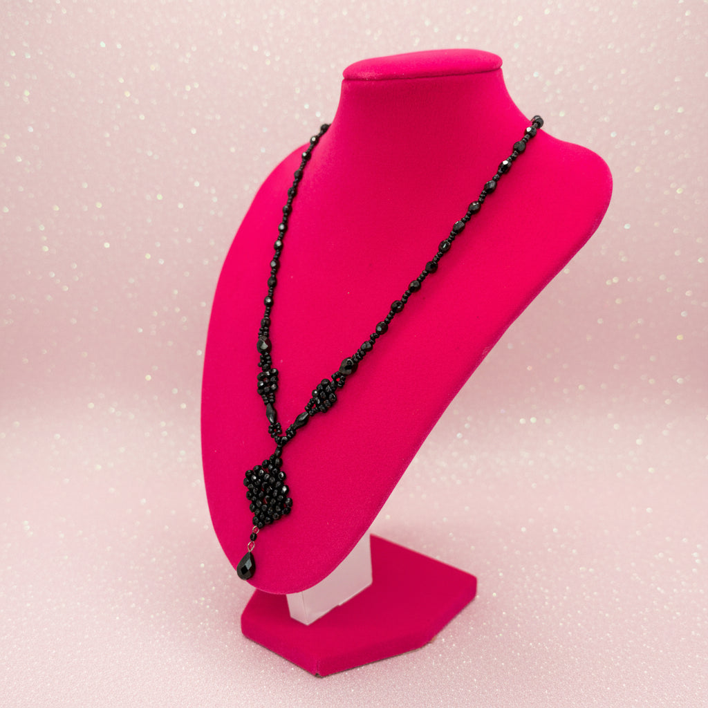 Vintage Art Deco Style Black Glass Beaded Y-Necklace w/ Pendant