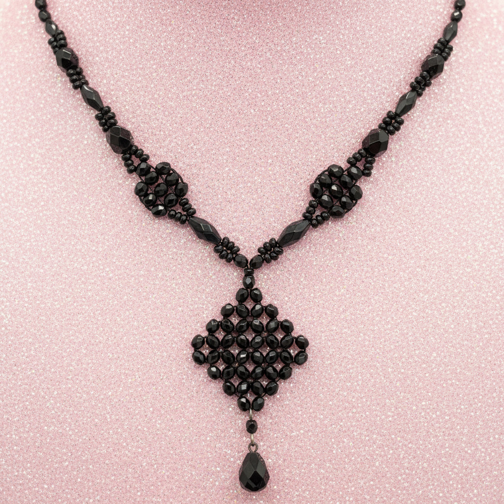 Vintage Art Deco Style Black Glass Beaded Y-Necklace w/ Pendant