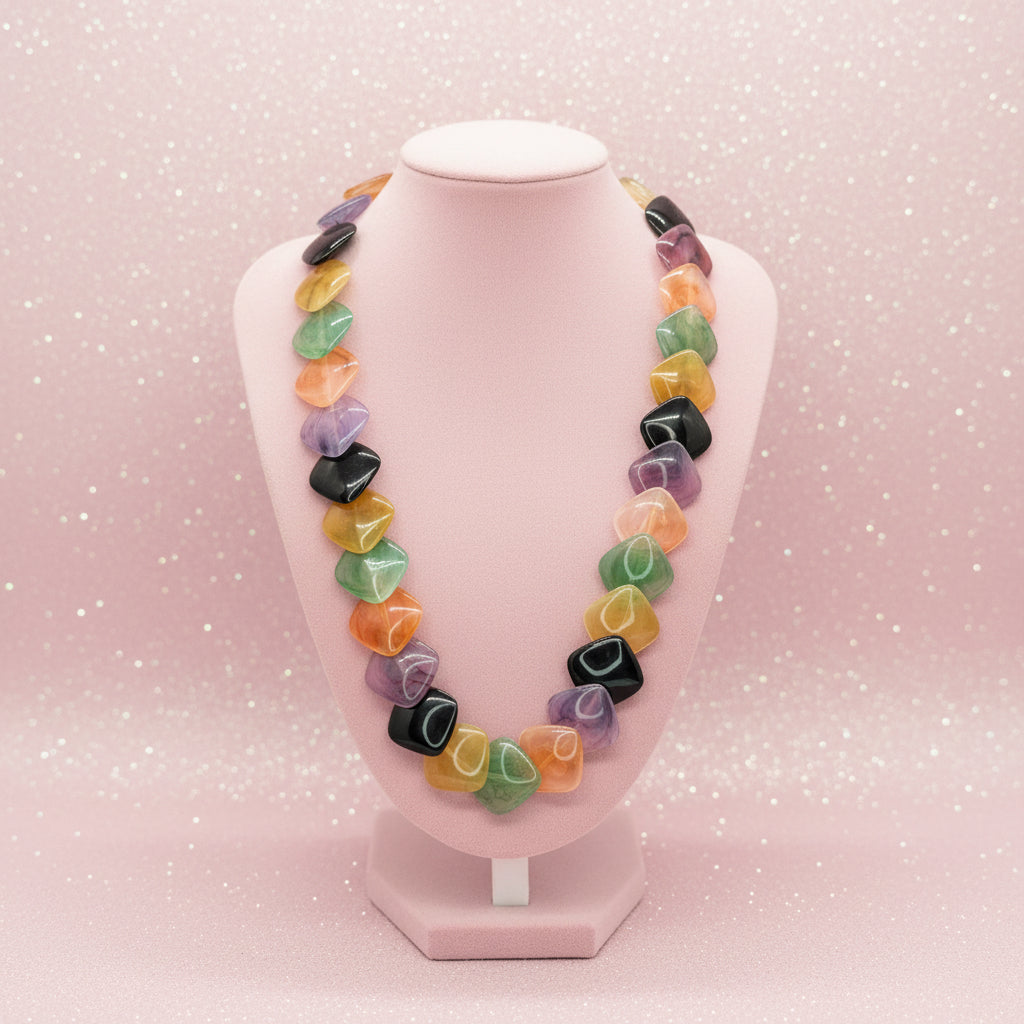 Vintage Avon Multi-Colored Polished Lucite Flat Square Bead Necklace