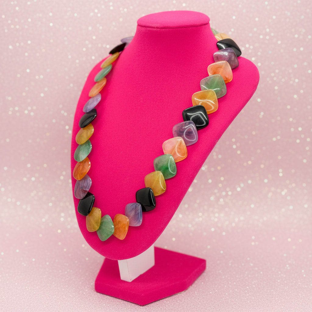 Vintage Avon Multi-Colored Polished Lucite Flat Square Bead Necklace