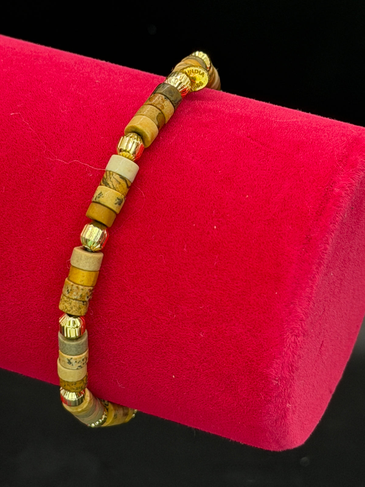 Vintage Boho Chic Cylinder Jasper & Gold Tone Beaded Bracelet