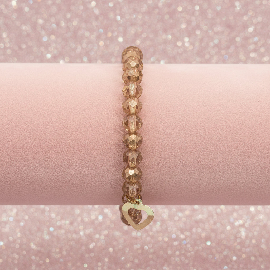 Vintage Gold Tone Faceted Bead Stretch Bracelet w/ Heart Charm