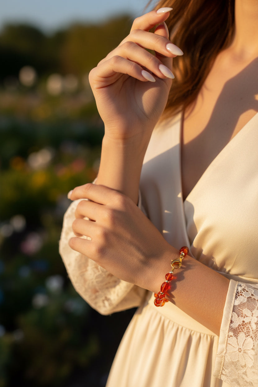 Vintage Orange Glass Beaded Bracelet w/ Silver Tone Accents