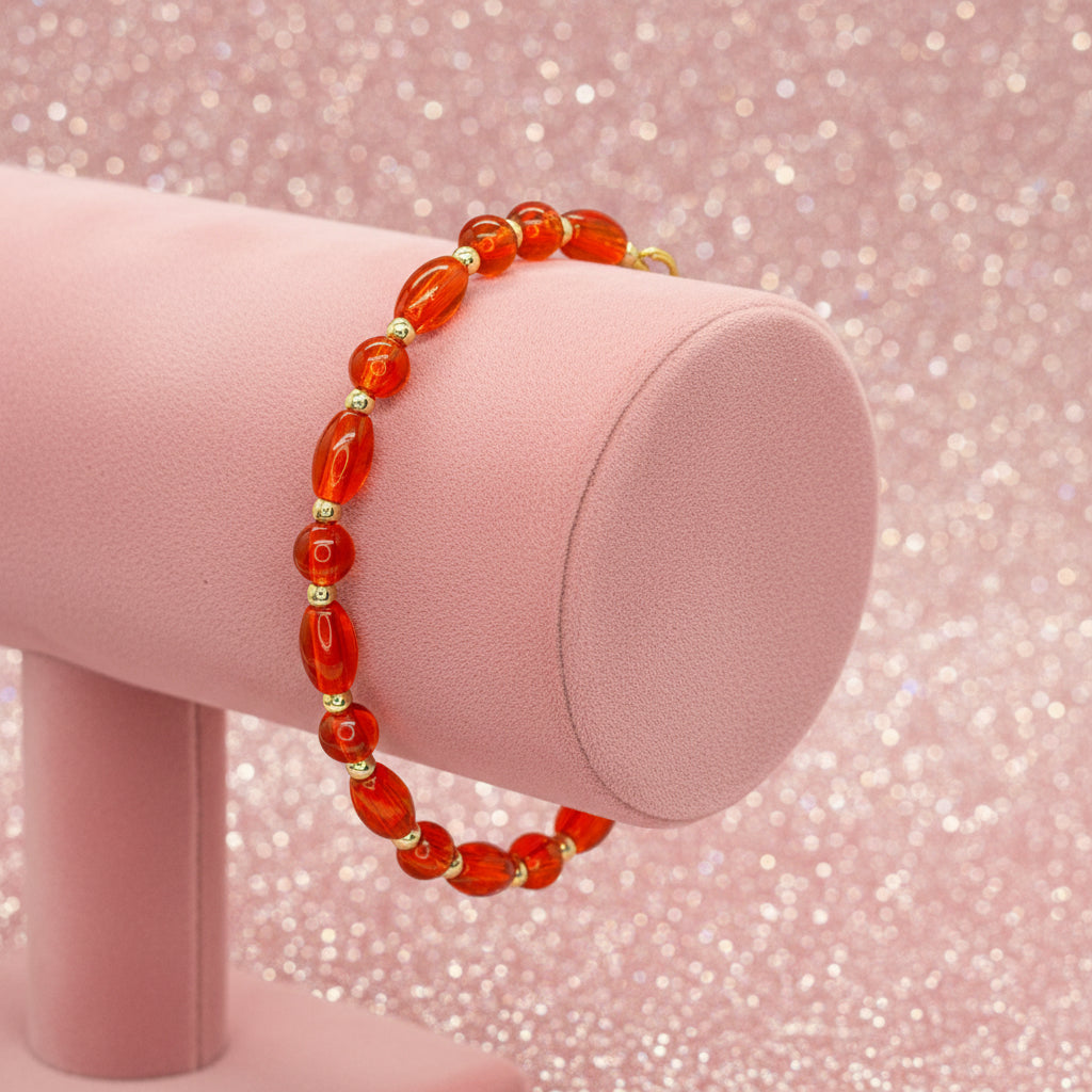 Vintage Orange Glass Beaded Bracelet w/ Silver Tone Accents