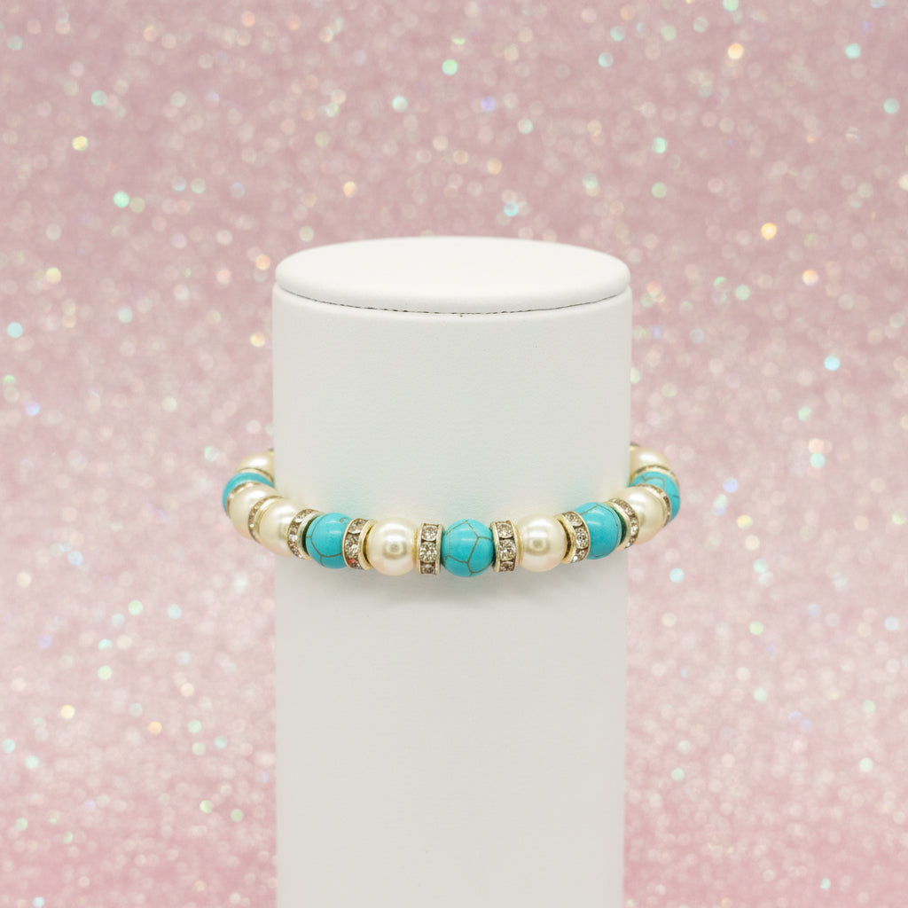 Vintage Faux Turquoise & Pearl Beaded Rhinestone Stretch Bracelet