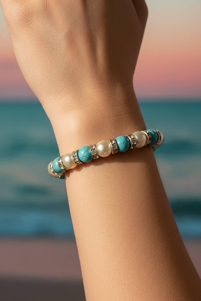 Vintage Faux Turquoise & Pearl Beaded Rhinestone Stretch Bracelet