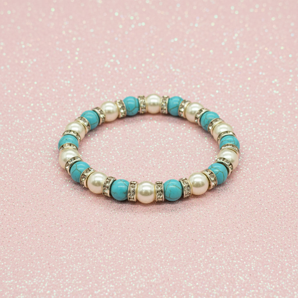 Vintage Faux Turquoise & Pearl Beaded Rhinestone Stretch Bracelet