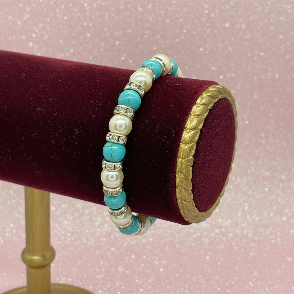 Vintage Faux Turquoise & Pearl Beaded Rhinestone Stretch Bracelet