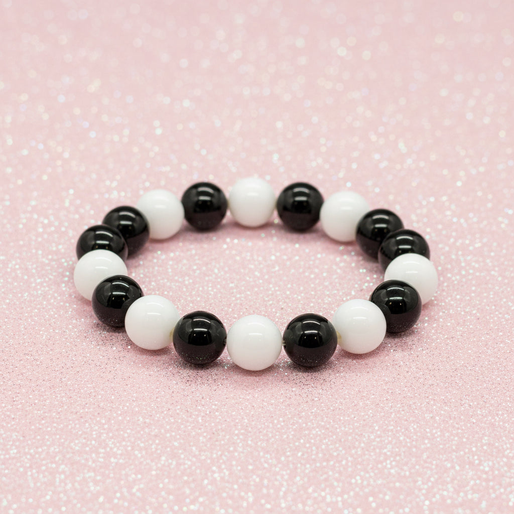 Modern Yin Yang Style Black Obsidian & White Porcelain Beaded Bracelet