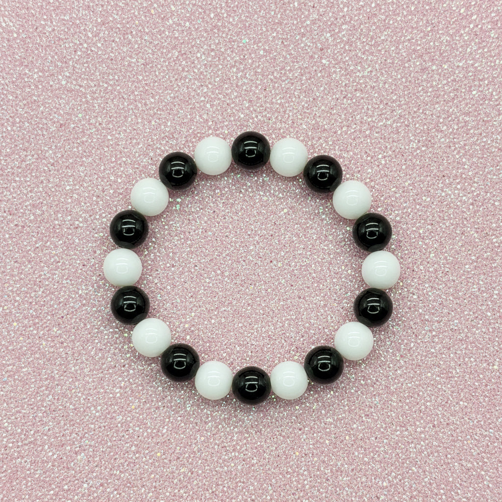 Modern Yin Yang Style Black Obsidian & White Porcelain Beaded Bracelet
