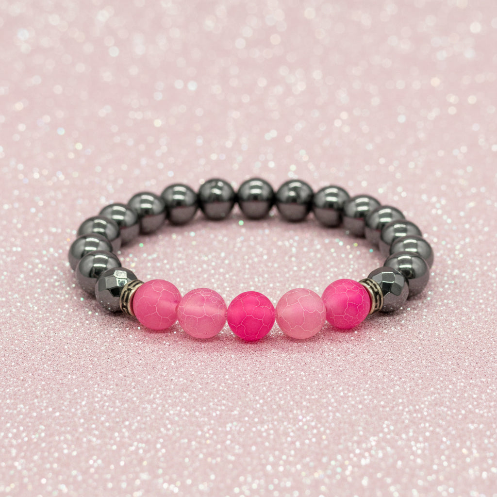 Contemporary Hematite & Pink Crackle Agate Beads Stretch Bracelet