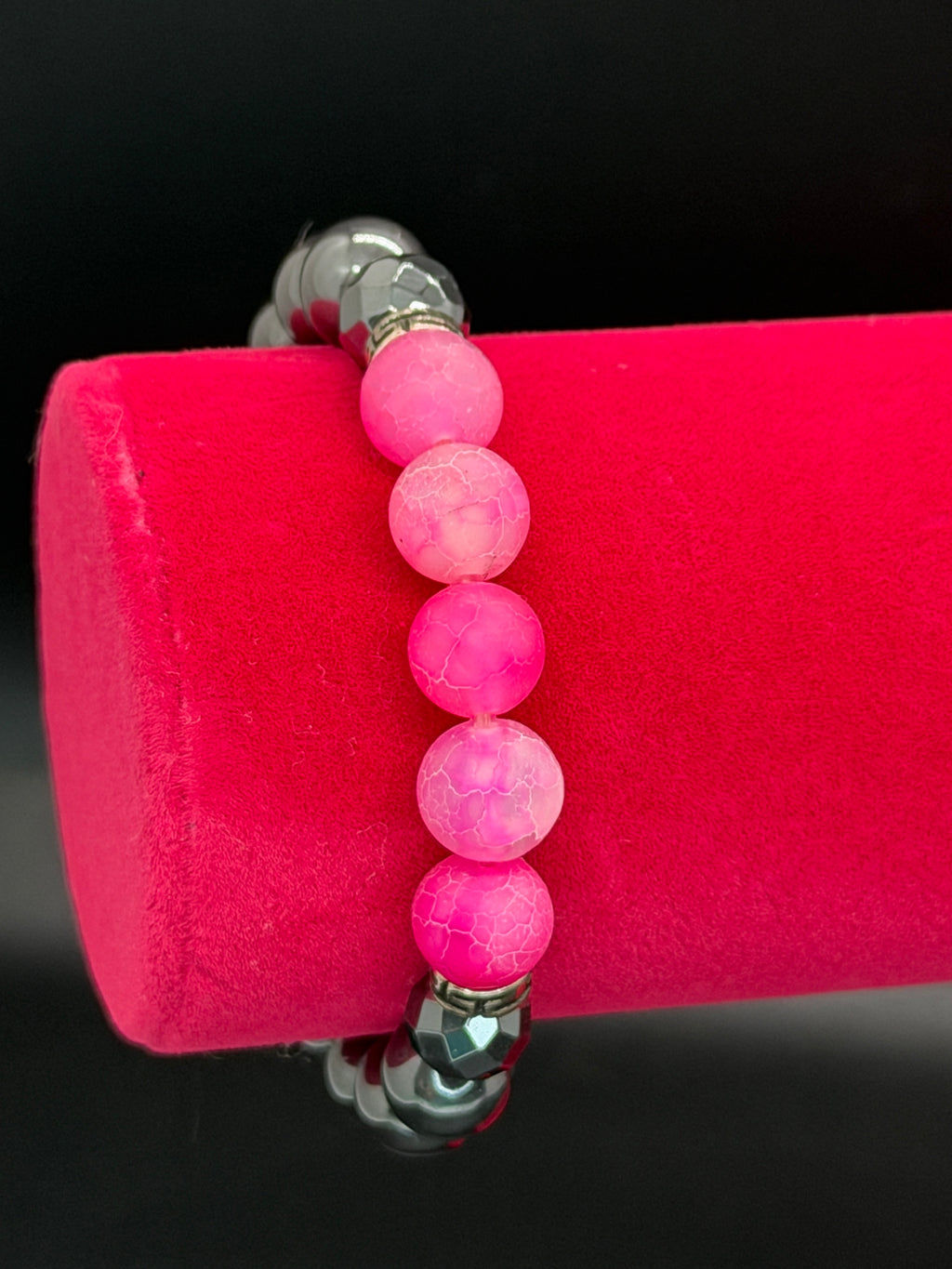 Contemporary Hematite & Pink Crackle Agate Beads Stretch Bracelet