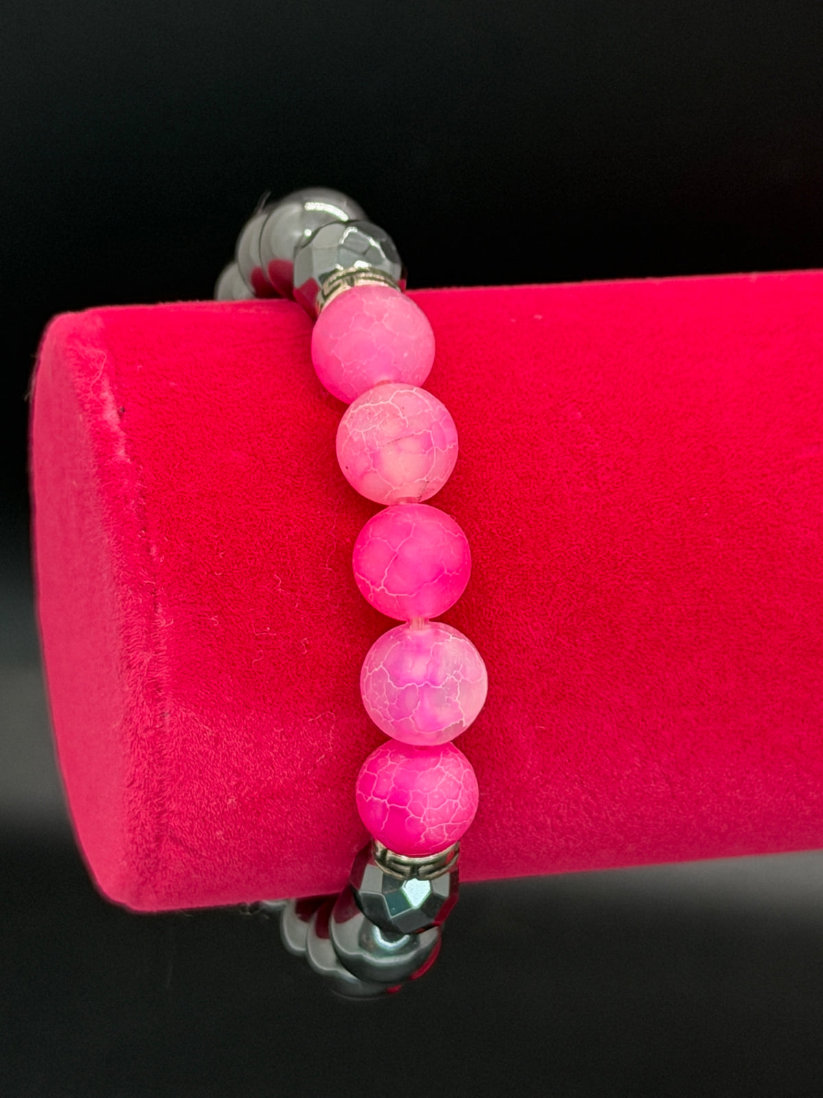 Contemporary Hematite & Pink Crackle Agate Beads Stretch Bracelet