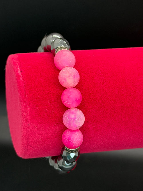 Contemporary Hematite & Pink Crackle Agate Beads Stretch Bracelet