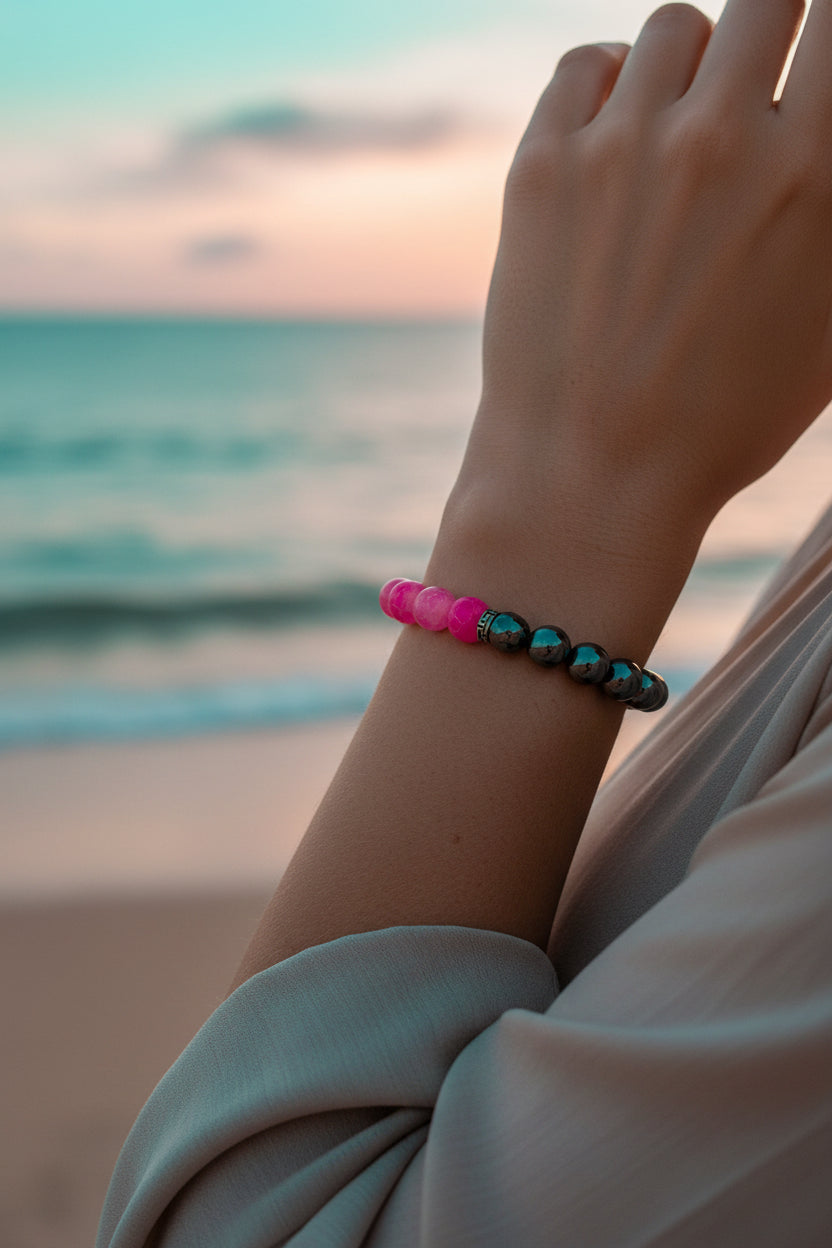 Contemporary Hematite & Pink Crackle Agate Beads Stretch Bracelet