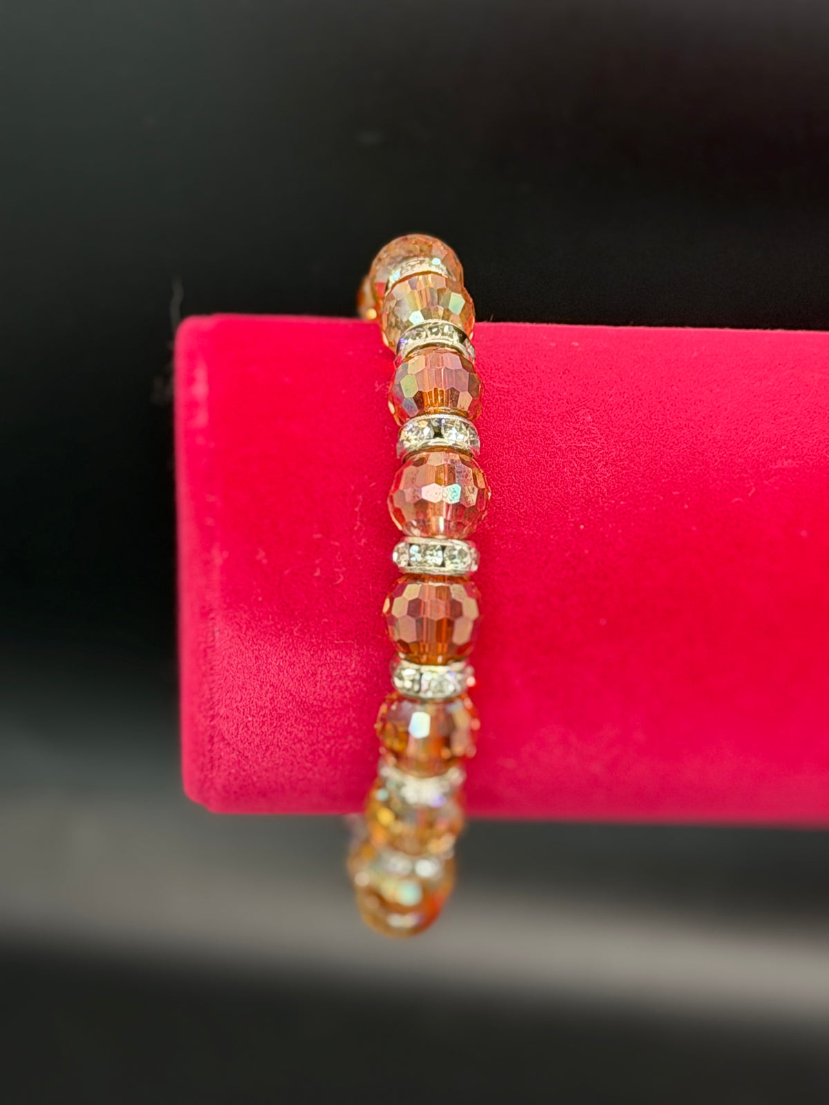 Vintage Amber Brown Faceted Crystal & Rhinestone Beaded Stretch Bracelet