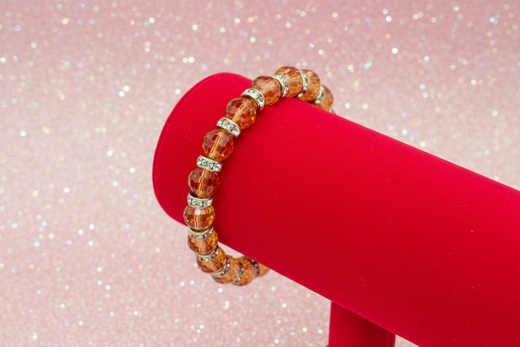 Vintage Amber Brown Faceted Crystal & Rhinestone Beaded Stretch Bracelet