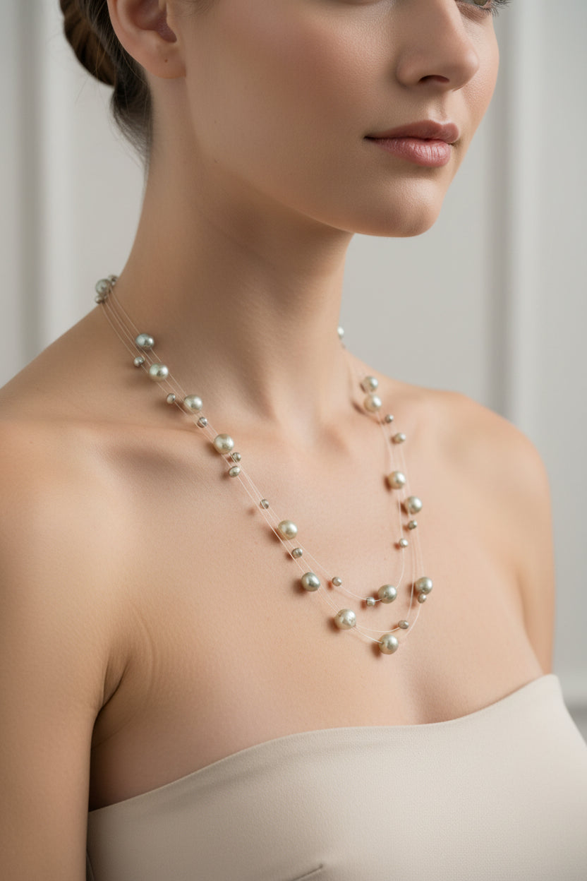Vintage Triple Strand Floating Illusion Pearl Necklace w. Grey Pearls