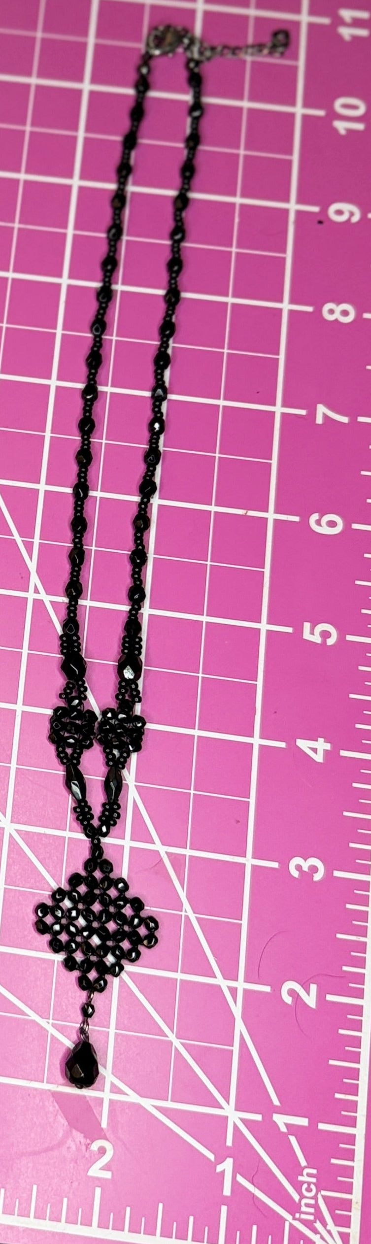 Vintage Art Deco Style Black Glass Beaded Y-Necklace w/ Pendant